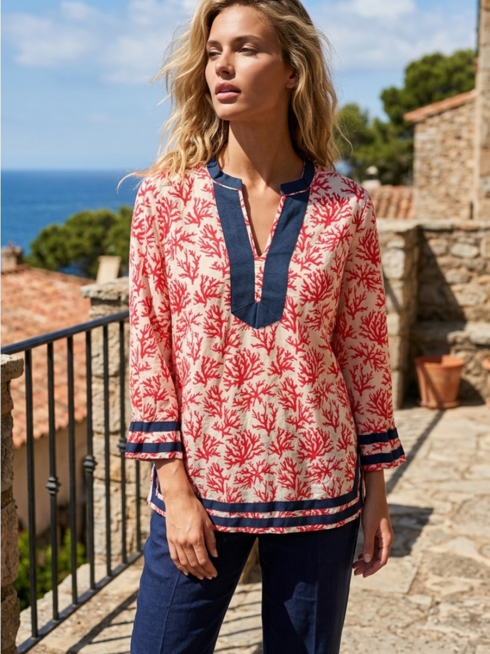 Women’s Coral-Print Split-Neck Tunic with Navy Trim